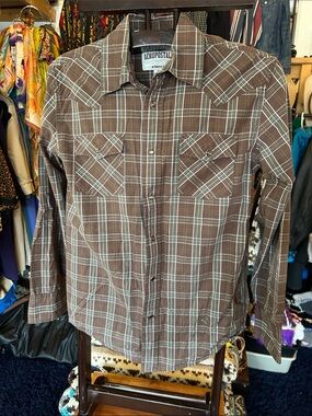 Aeropostale Brown Plaid Pearl snap butto-Down Shirt with Green and White Accents